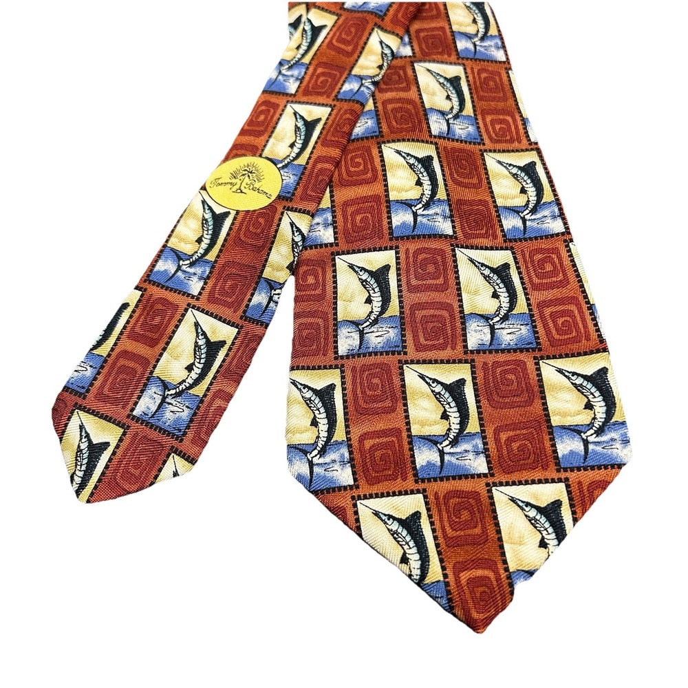 Vintage Tommy Bahama Marlin Postage Stamp Silk Necktie Handmade USA Red Wide Tie